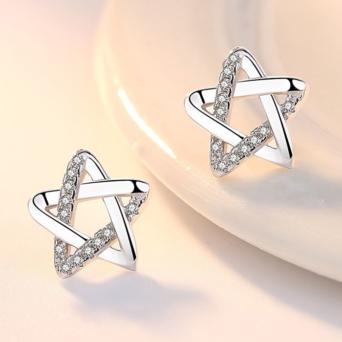 Bông tai nữ hình ngôi sao 5 cánh đính đá, hợp kim mạ bạc xinh xắn, dễ thương