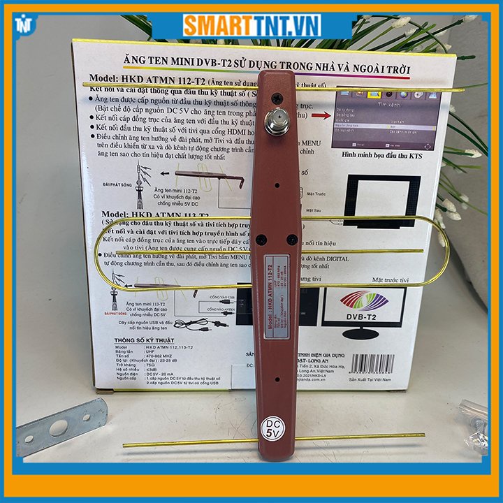 Anten mini khuếch đại DVB-T2 thu truyền hình số mặt đất Hoành Kiến Đạt kèm cuộn cáp và dây cáp nguồn, hàng đẹp Smarttnt.