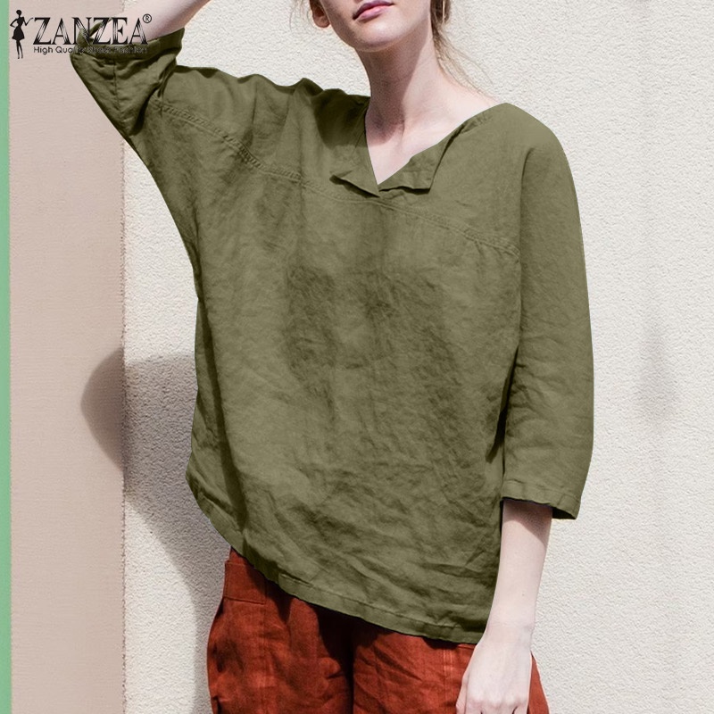 Áo nữ ZANZEA tay 3/ 4 cổ chữ V dáng rộng thời trang châu Âu