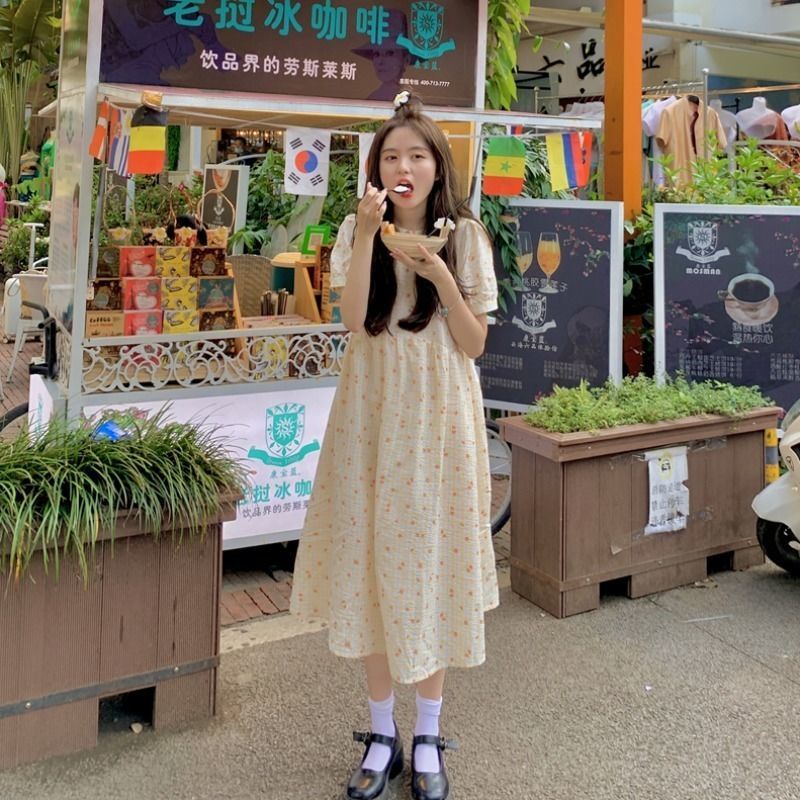 Đầm tay phồng dáng dài họa tiết hoa phong cách Hàn quốc