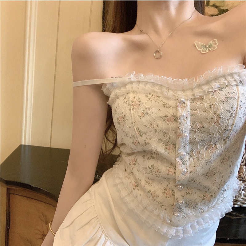 Áo Ống Hai Dây Phối Ren Hoa Chống Nhìn Trộm Thời Trang Mùa Thu Dành Cho Nữ