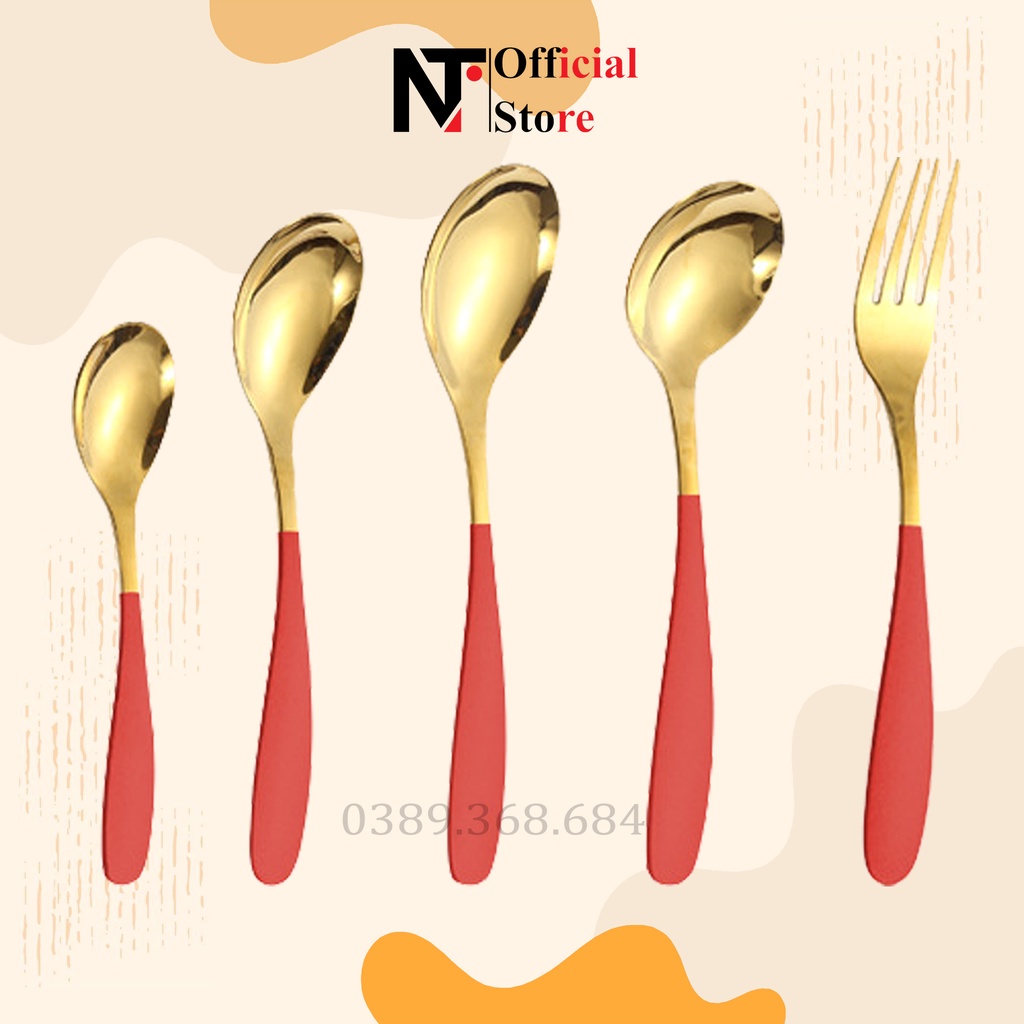 Thìa dĩa ăn cơm mạ vàng, chất liệu inox, cán dài nhiều màu  - NT Store