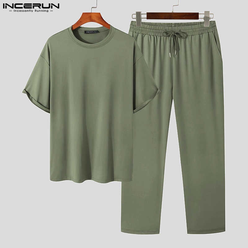 Bộ đồ INCERUN gồm áo tay ngắn và quần ống rộng thời trang mùa hè dành cho nam