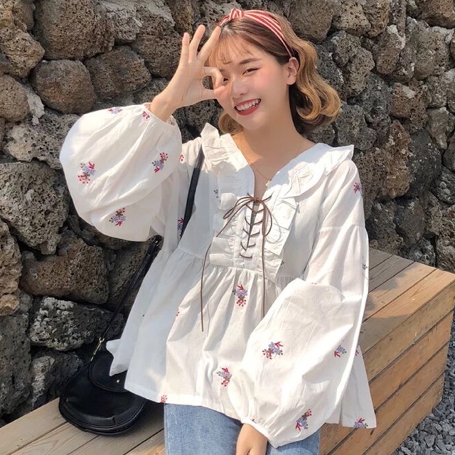 [Có sẵn+video] Áo Babydoll thêu hoa phong cách nữ tính