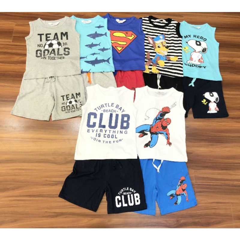 Bộ cộc tay ba lỗ bé trai cotton xuất dư HM size đại từ 14 đến 35 ký
