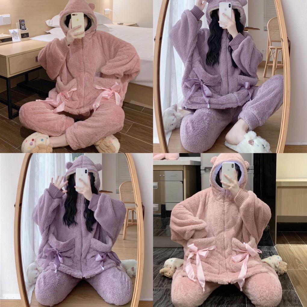 Bộ ngủ lông gấu giữ nhiệt mùa đông túi thắt nơ dễ thương,bộ đồ mặc nhà nhung bông mềm mịn 2 màu hồng tím_ TONGKHOQUANAON