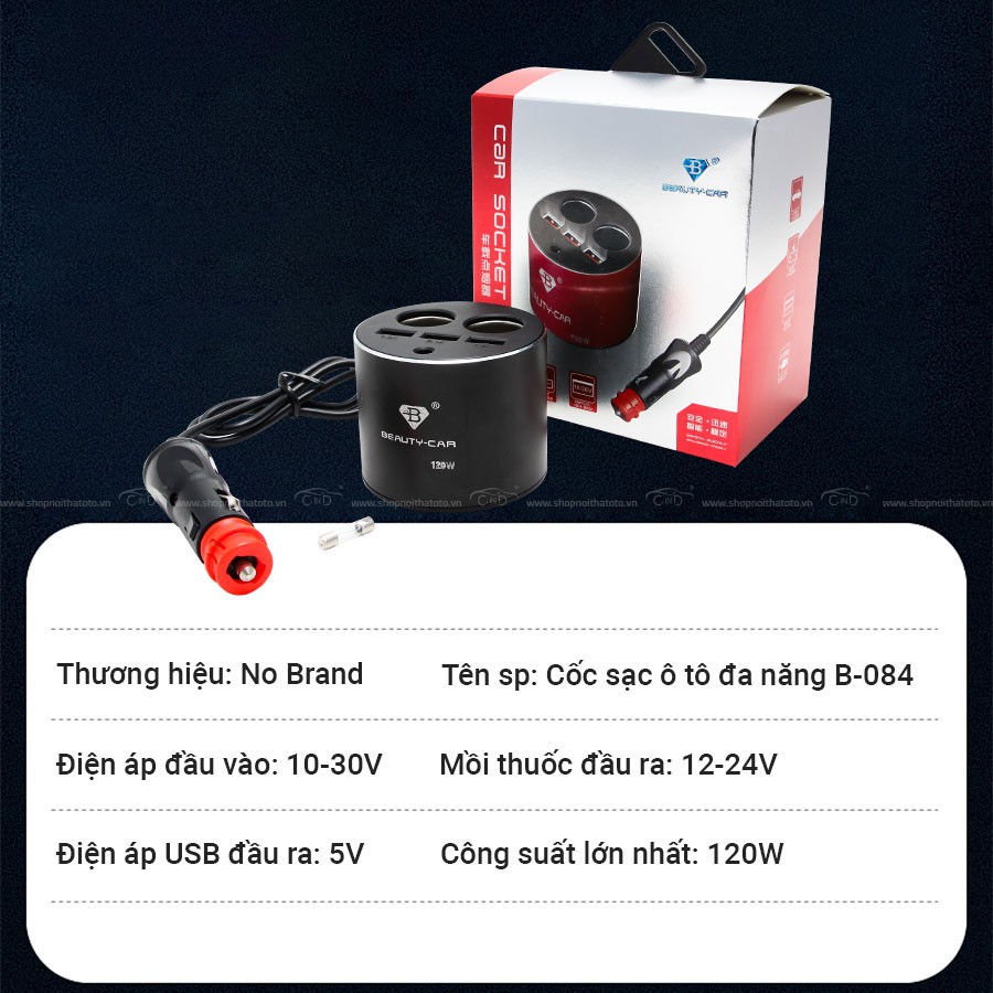 [Mã BMBAU50 giảm 10% đơn 99k] Cốc Sạc Ô Tô 2 Ổ Và 3 Cổng USB Có Dây CIND B084 Màu Đen Nhập Khẩu Chính Hãng