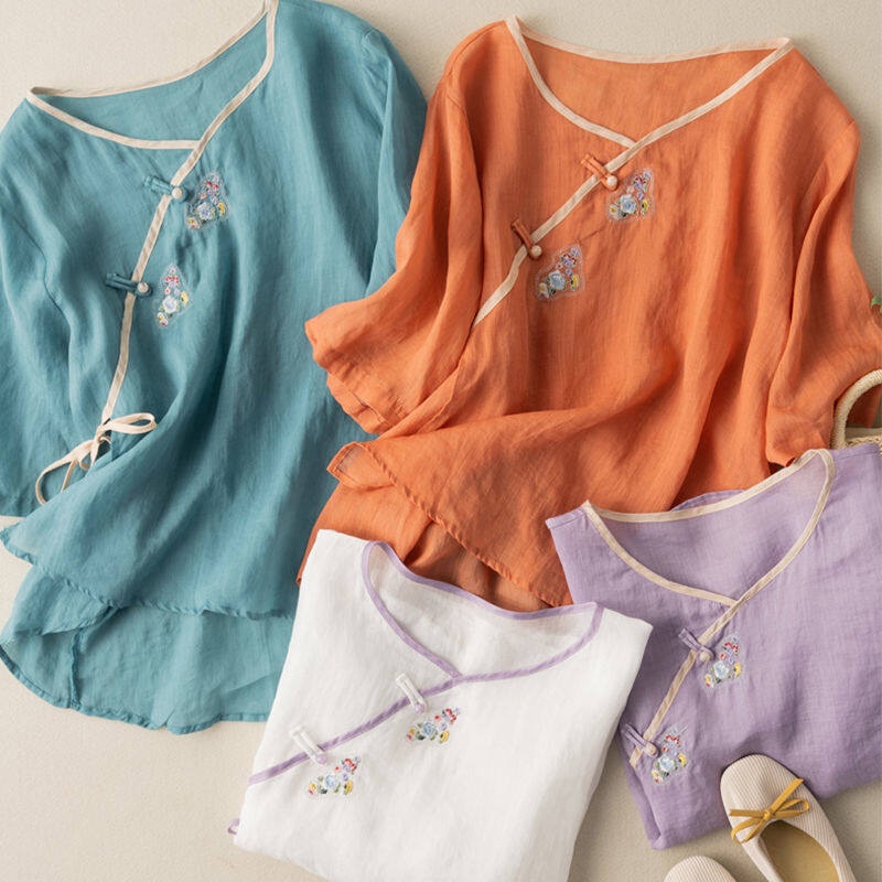 Áo Sơ Mi Cotton Lanh Tay Ngắn Dáng Rộng Cài Nút Thêu Hoạ Tiết Dân Tộc Thời Trang Mùa Hè Hàng Mới Dành Cho Bạn Nữ