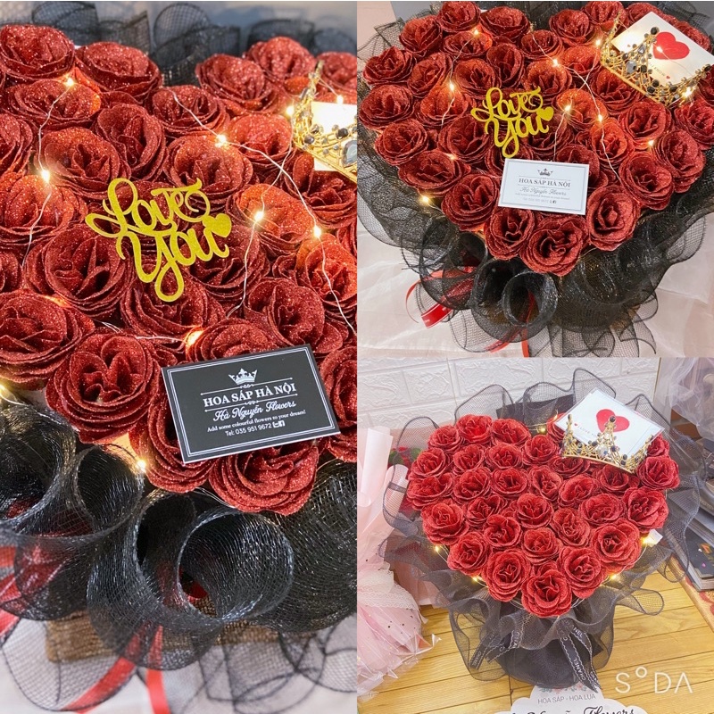 [Hoa sinh nhật- quà 14/2]_ Bó hoa hồng nhũ 40 bông kết hợp lưới siêu sang tặng kèm đèn nháy và full toping