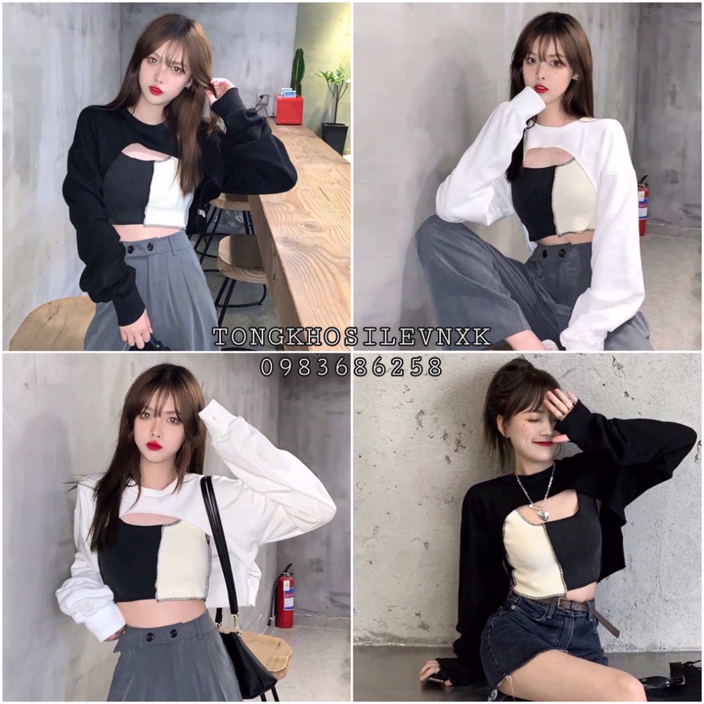 Set Áo Thun 2 Món Croptop Dài Tay Viền Chỉ Nổi Cut out + Áo Ba Lỗ Mix Màu Trắng Đen Mặc 2 Kiểu