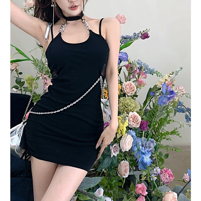 Đầm Hai Dây Màu Đen Co Giãn Thiết Kế Gợi Cảm Thời Trang Hàn Quốc Cho Nữ