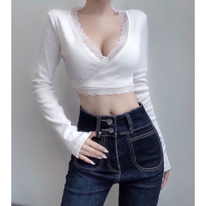Áo Croptop Vạt Chéo Viền Ren Tay Dài Phom Ôm Chuẩn, Áo Kiểu nữ đắp chéo