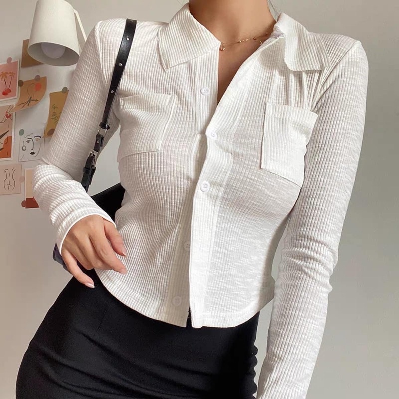 Áo Croptop Polo Cổ Sơ Mi Chất Thun Gân Siêu Đẹp YUMI BÁN SỈ Áo Croptop Tay Dài Cổ Polo Phong Cách Cá Tính