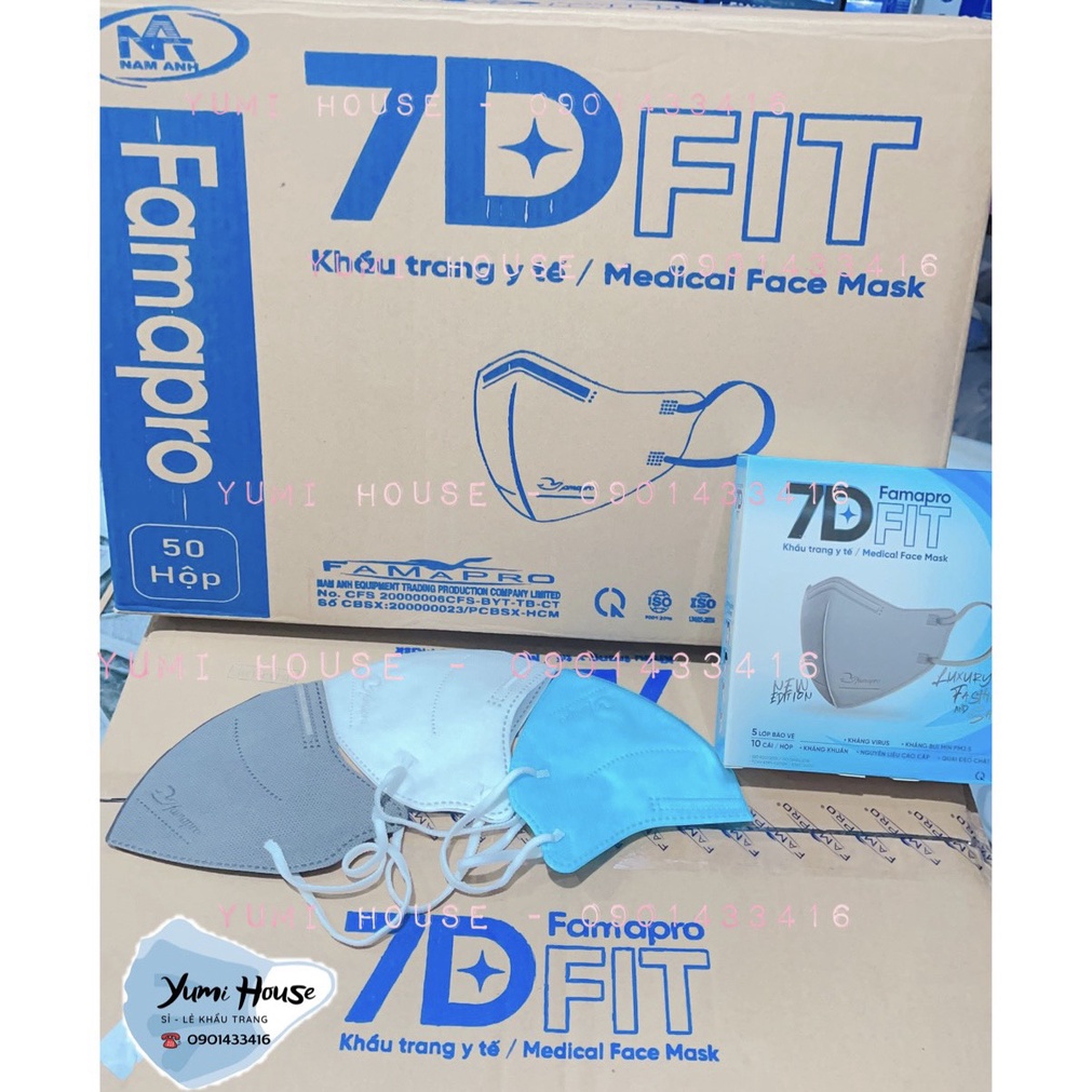 Thùng 500 cái Khẩu Trang 7D FIT Nam Anh FAMAPRO 5 Lớp Kháng Khuẩn, Lọc Bụi Hiệu Quả