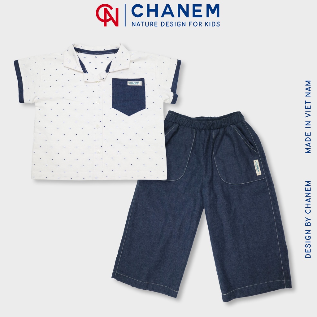 Bộ quần áo cho bé trai RAYLOTE CHANEM, áo cổ ve phối túi cá tính và quần dài ống rộng, chất liệu cotton mềm mại