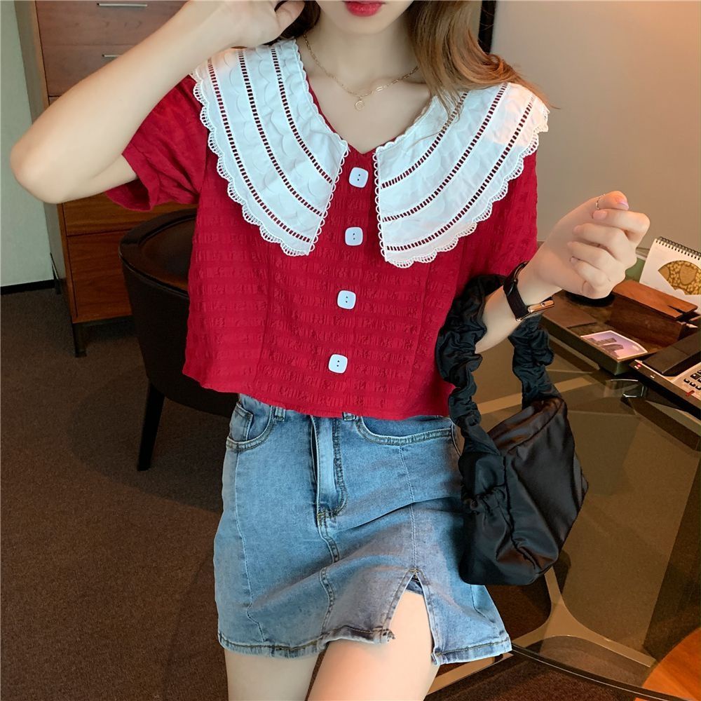 Áo Kiểu Tay Phồng Ngắn Cổ Peter Pan Phối Ren Phong Cách Retro Pháp Thời Trang Mùa Hè Cho Nữ