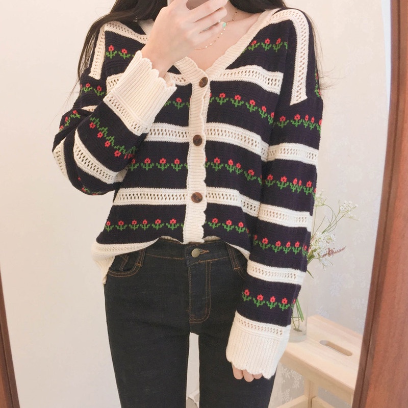 Áo Khoác Len Jacquard Tay Dài Màu Tương Phản Dáng Rộng Thời Trang Hàn Quốc Cổ Điển Dễ Phối Đồ Dành Cho Bạn