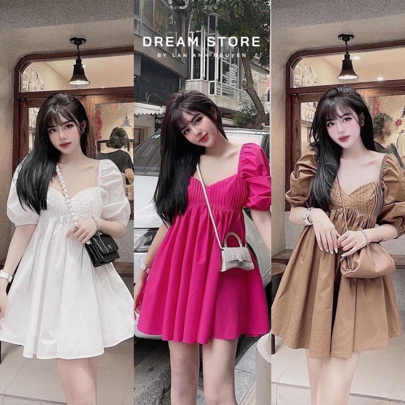 Váy xoè công chúa nhăn ngực bồng vai hàng thiết kế Hanna