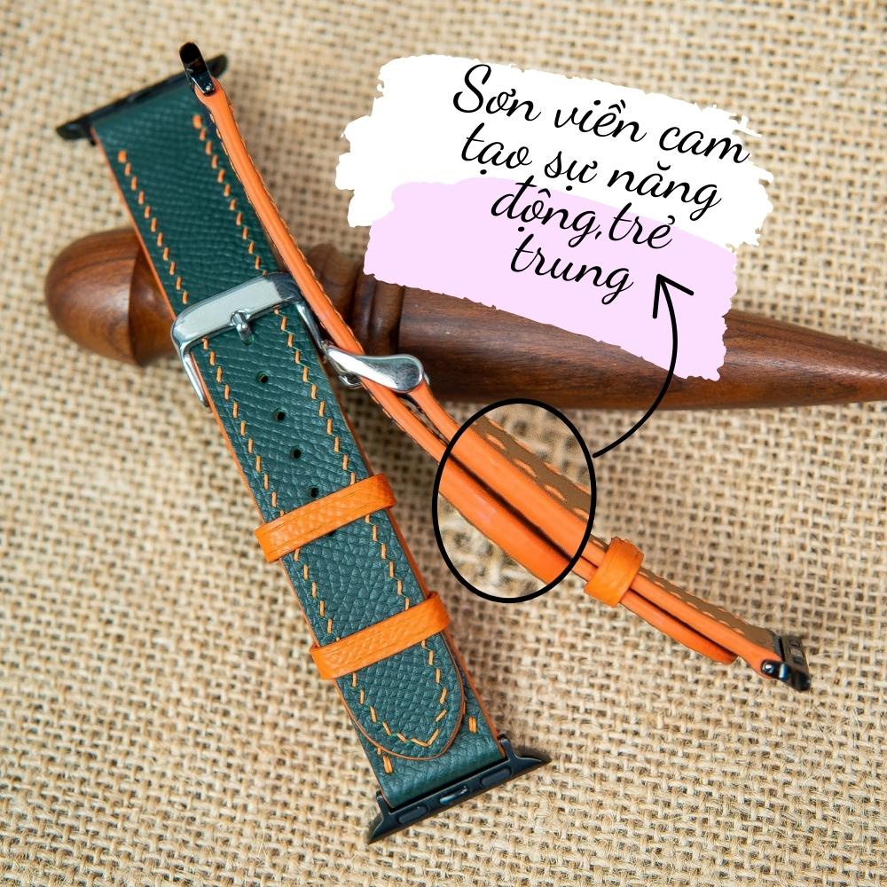 Dây da đồng hồ Apple- Watch seriees 3 4 5 6 Epsom phối màu cam lót Zermatt size 38mm 40mm 42mm 44mm handmade Vnstrap Q48