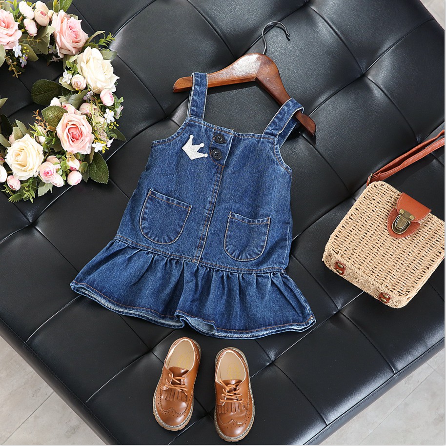 ♕ babyme ღ Summer Girls Denim Cute Crown Strap Skirt Princess Skirt