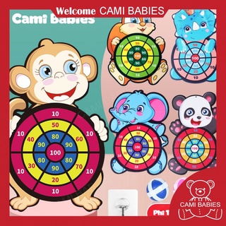 Phi tiêu bóng dính, bảng ném bóng gai tính điểm hình con vật ngộ nghĩnh tặng kèm 3 trái bóng và móc