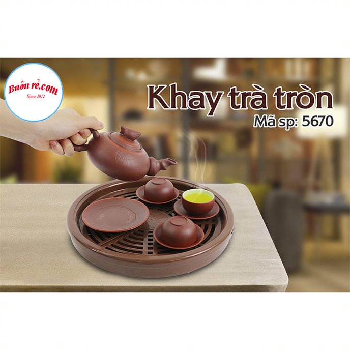 Khay trà tròn nhựa Việt Nhật giả gỗ (MS:5670) - Khay trà đựng ấm chén tiện lợi phong cách Nhật Bản 01532