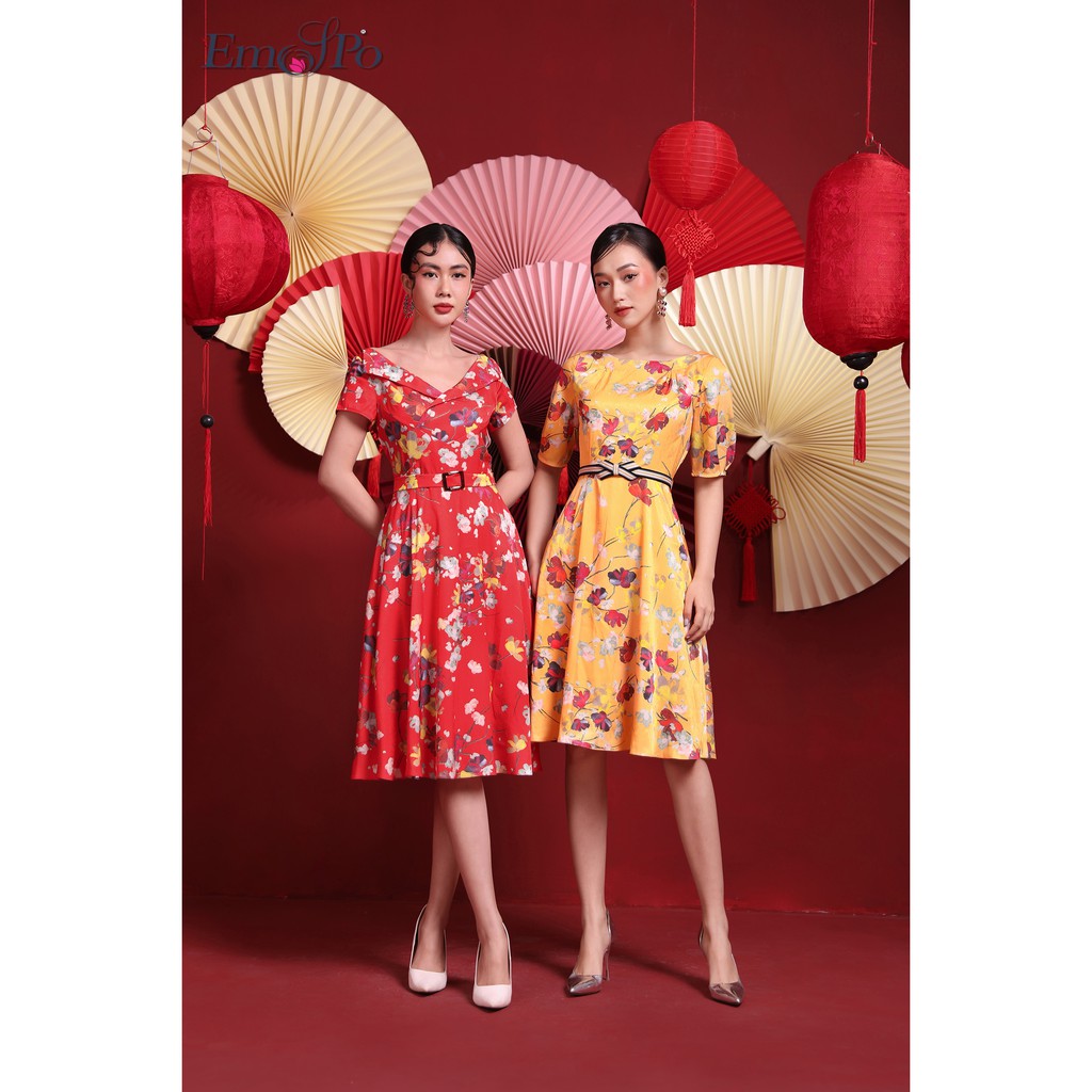 Đầm cổ thuyền, tay lửng DM3517 Emspo (bên phải) (Vàng, Ghi)