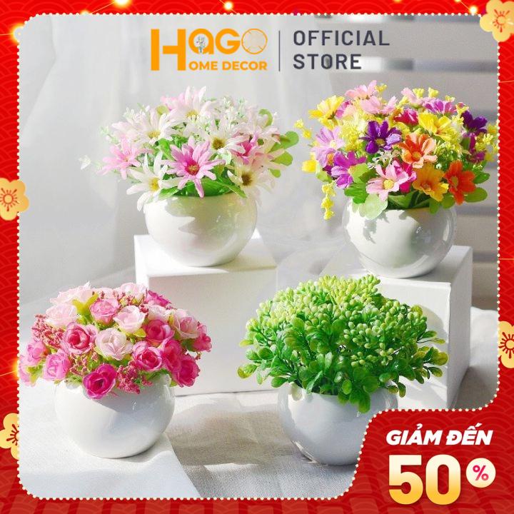 Chậu hoa giả, chậu hoa mini kích thước cao 12-15cm cm cắm sẵn nhiều mẫu hoa