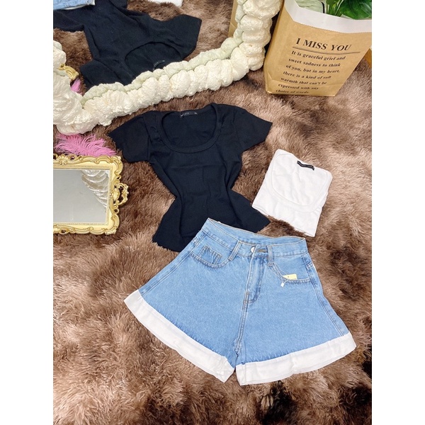 Quần shorts jeans xoè ống siêu rộng viền trắng có may kèm lót bên trong - T5N