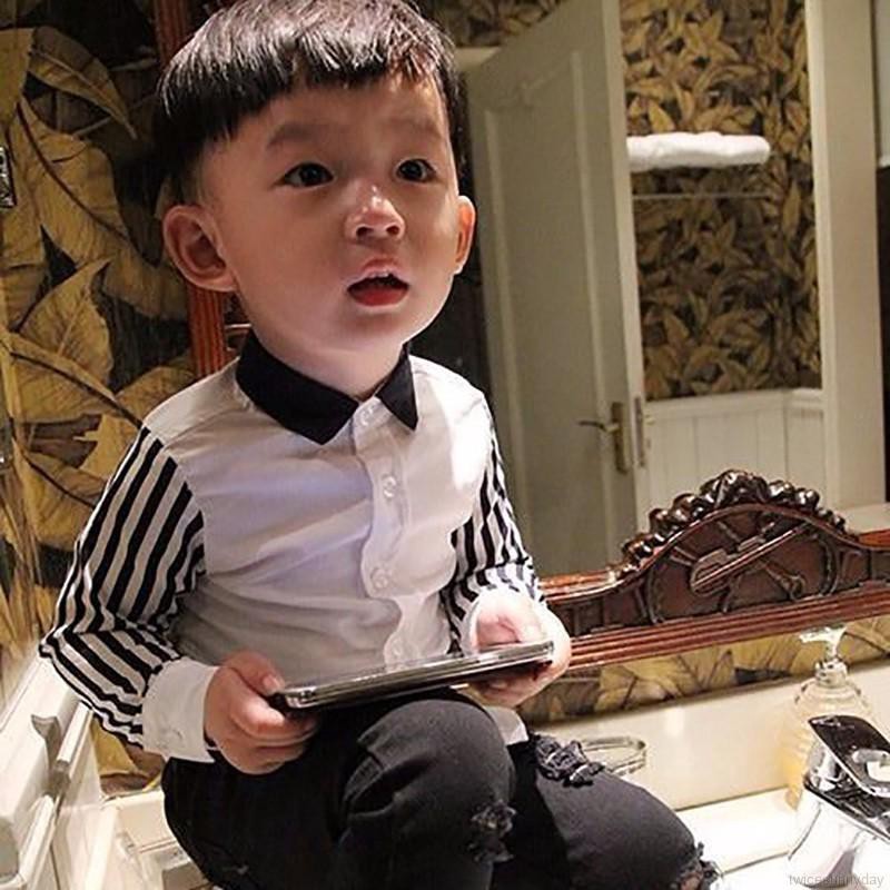 Áo sơ mi tay dài kẻ sọc phong cách thời trang cho bé trai