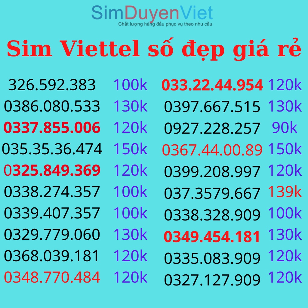 Sim Viettel số đẹp giá rẻ đăng ký được V120N 4Gb/ngày gọi miễn phí (Sim đã đăng ký 9 chủ)