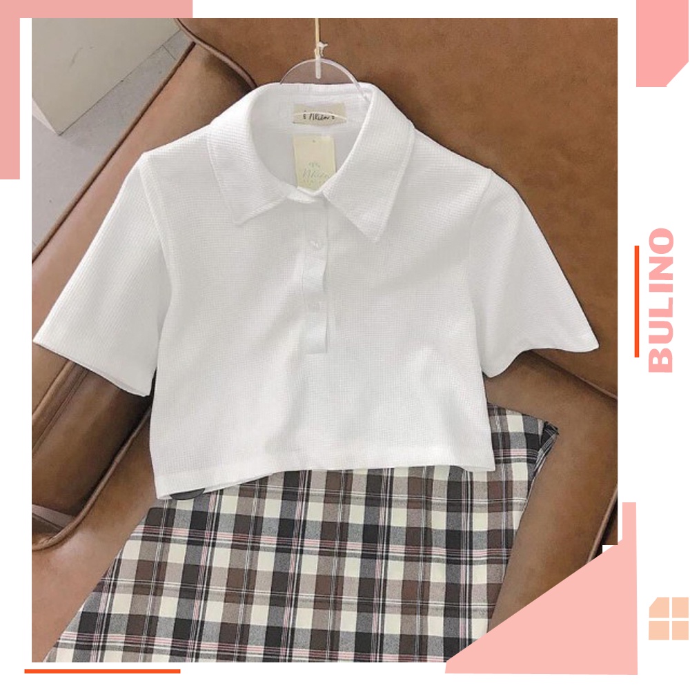 Áo Croptop Nữ Tổ Ong Cổ Bẻ Thun Kiểu Polo Dáng Ôm Body Ngắn Tay Màu Trắng Hàn Quốc Cá Tính BEBE - M1074