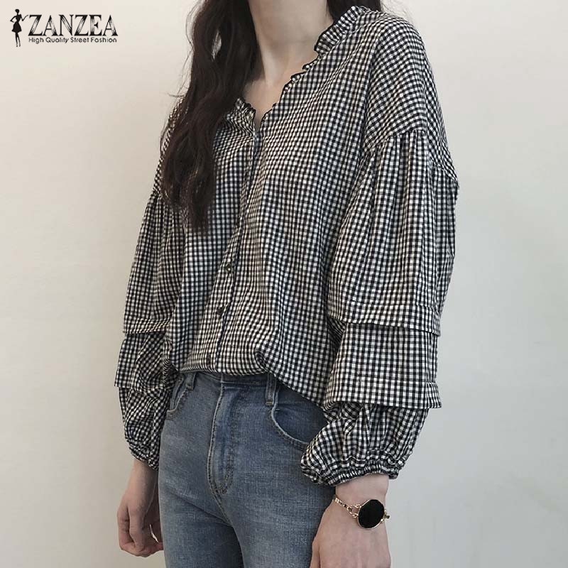 ZANZEA Áo dài tay dáng rộng họa tiết sọc caro phối nút thời trang cá tính cho nữ | BigBuy360 - bigbuy360.vn