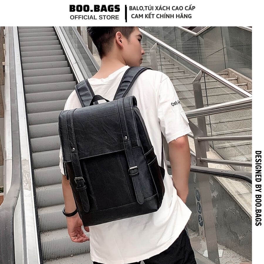 Balo Laptop, Balo Da Nam Cao Cấp Nắp Gập Khuy Bấm Chống Nước Phong Cách Hàn Quốc Boobags Boo-002