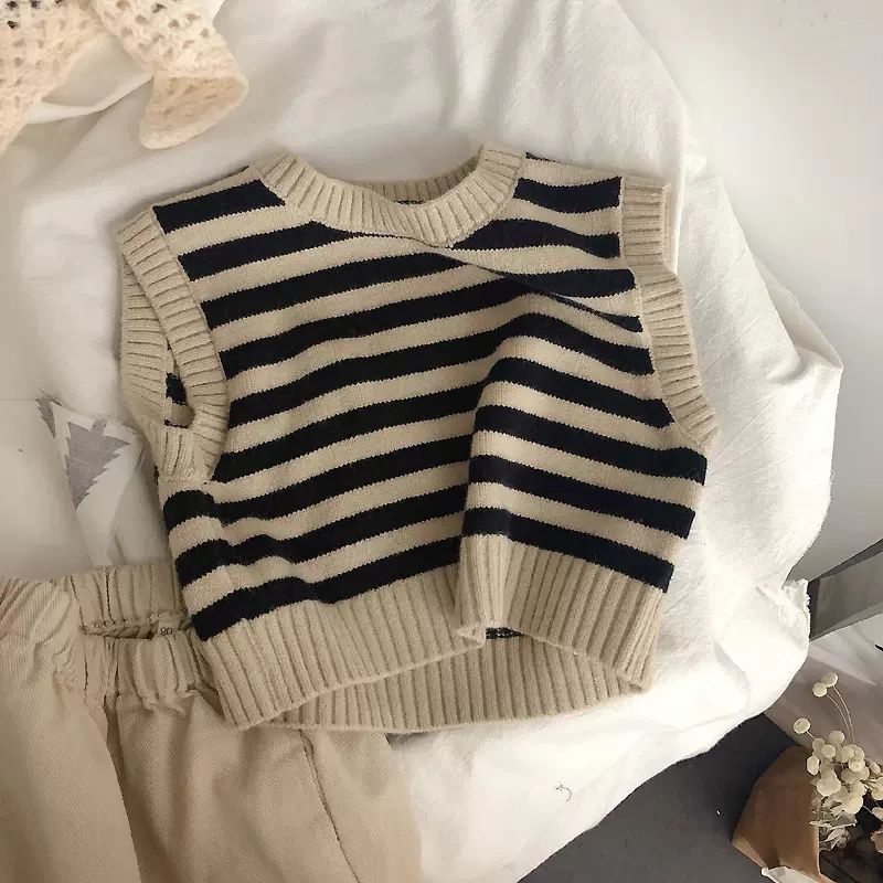 Áo Sweater Dệt Kim Sát Nách Dáng Rộng Kẻ Sọc Kiểu Hàn Quốc Thời Trang Mùa Xuân 2022 Cho Bé