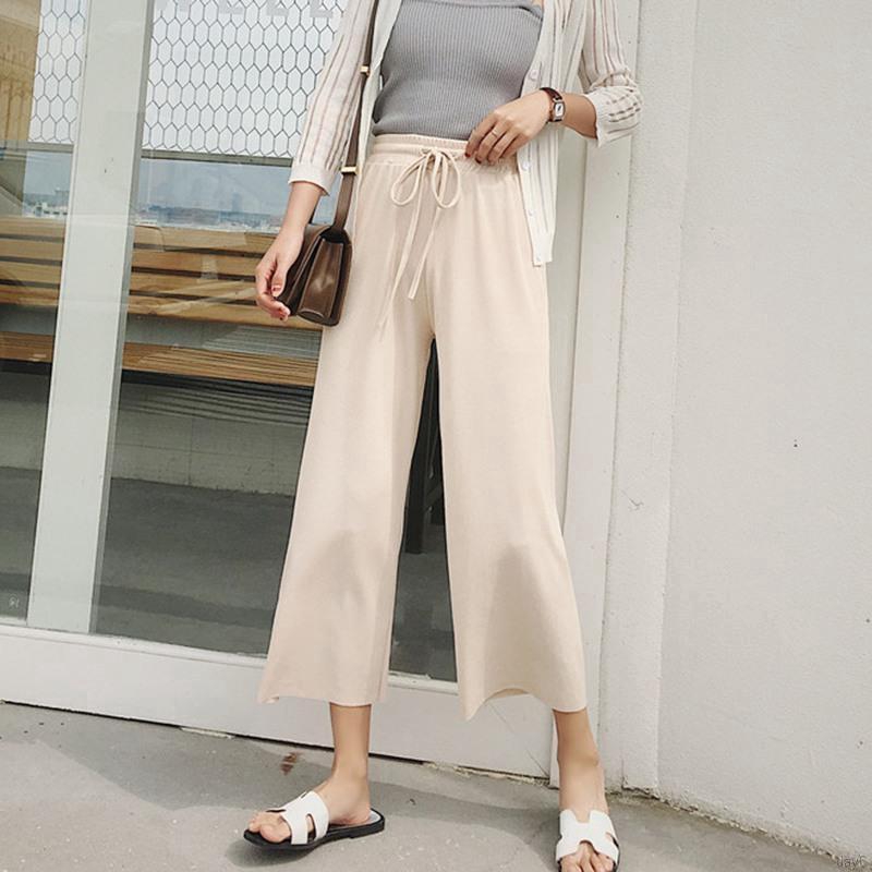 Quần nữ lưng cao ống rộng màu trơn phong cách Hàn Quốc