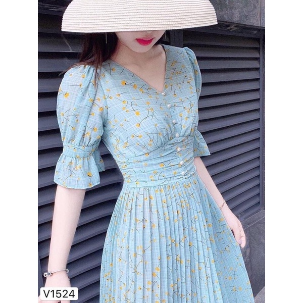 Váy xanh hoa vàng chân dập hàng thiết kế DVC