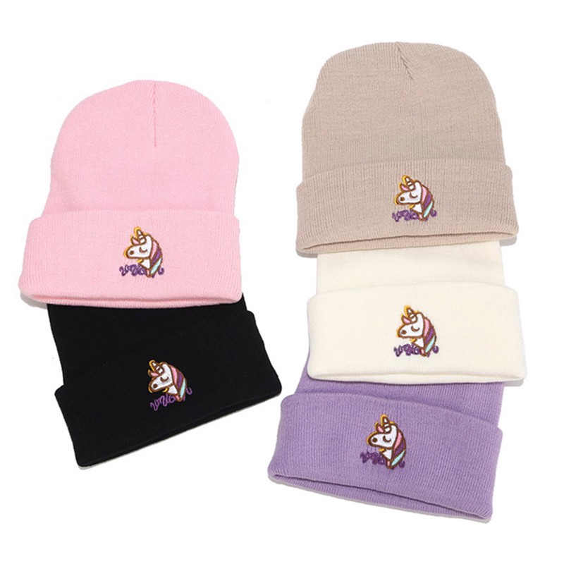 Mũ Len Beanie Mềm Thêu Hình Kỳ Lân Thời Trang Mùa Đông Cho Nữ