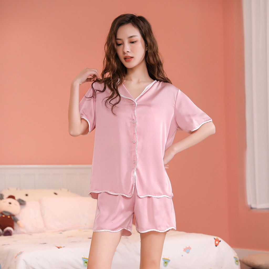 Bộ đồ ngủ tay ngắn vải lụa lạnh màu trơn thời trang mùa hè cho nữ