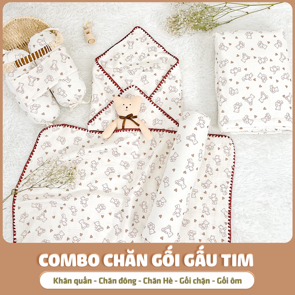 Phụ kiện sơ sinh 5 món cho bé yêu Chilux muslin 100% cotton, chăn đông, chăn hè