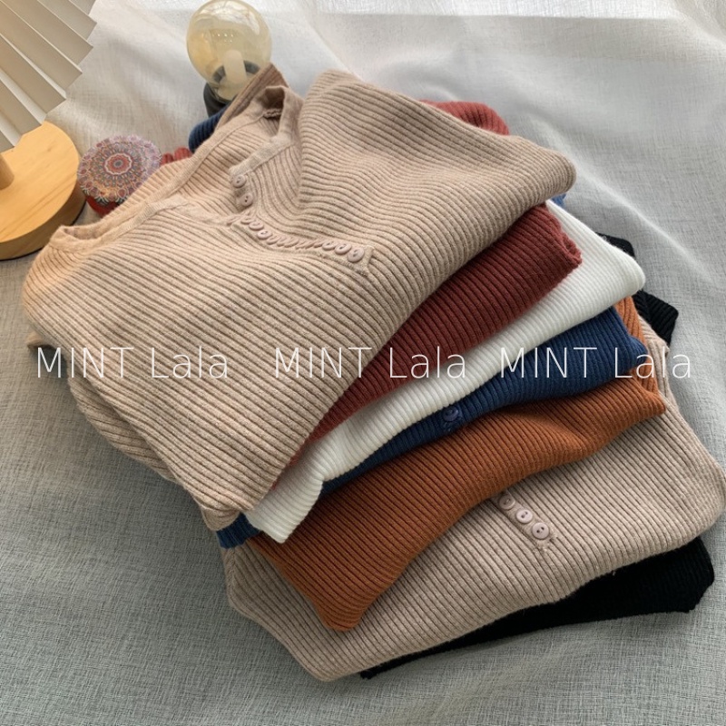 Áo Len Nữ Tay Dài Đính Cúc Nhỏ Dáng Ôm Co Giãn Tốt