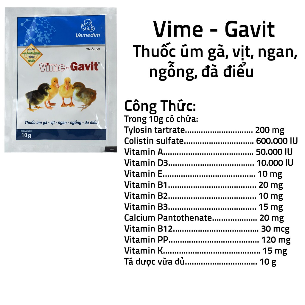 Vime-Gavit Dùng cho úm gà, vịt, ngan, ngỗng, đà điểu (hộp 60 gói) - Chỉ dùng trong thú y