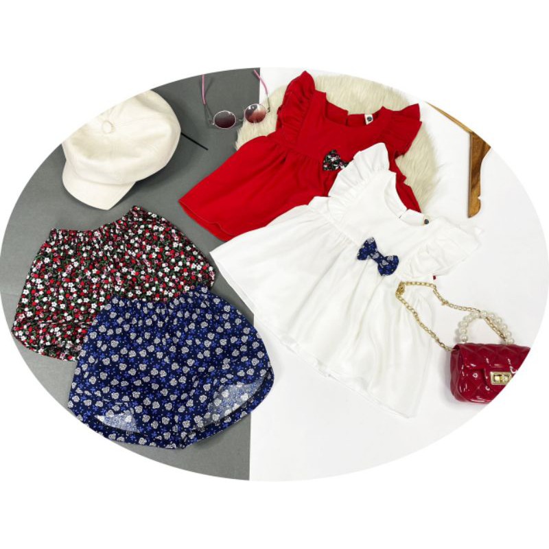 Bộ bé gái áo xòe tay cánh tiên quần đùi hoa