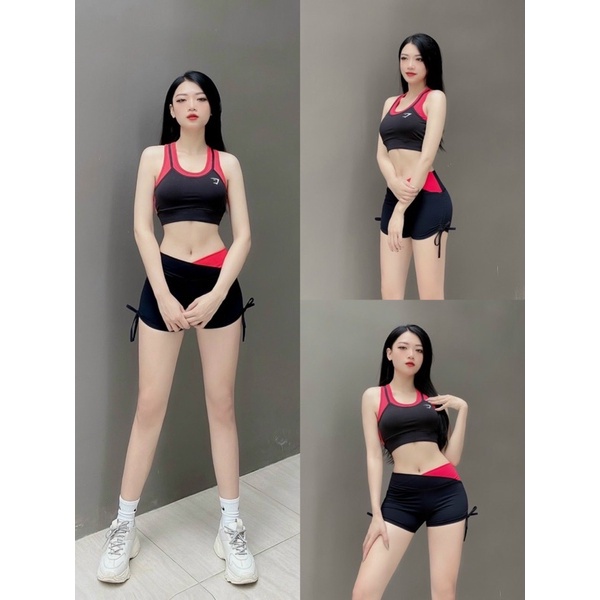 Bộ quần áo tập gym yoga nữ AMIN AM037 áo bra có mút ngực quần đùi rút dây nâng mông đồ tập gym yoga nữ