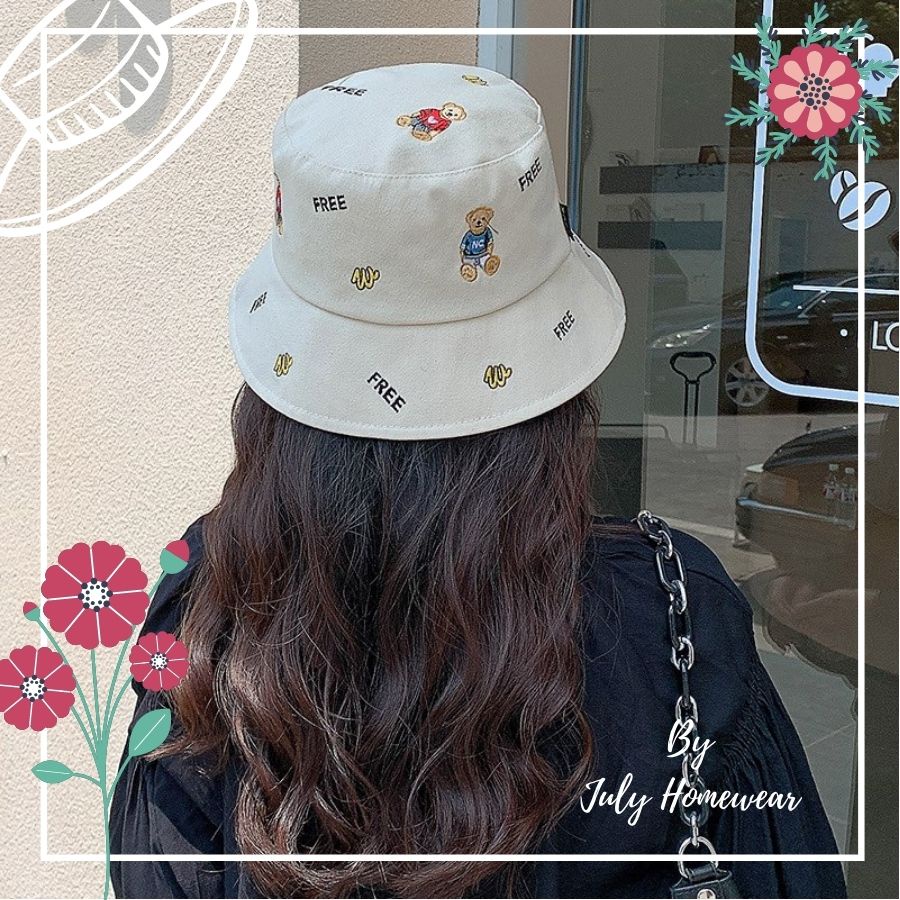 Nón bucket thêu hình gấu nhỏ cute, nón vành cotton dễ thương phong cách Hàn Quốc JULYHOMEWEAR