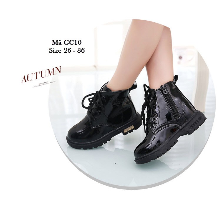 Giày bốt cổ cao bé trai bé gái màu đen da bóng sành điệu cho trẻ em đi tiệc diễn thời trang văn nghệ LIMIBABY GC10