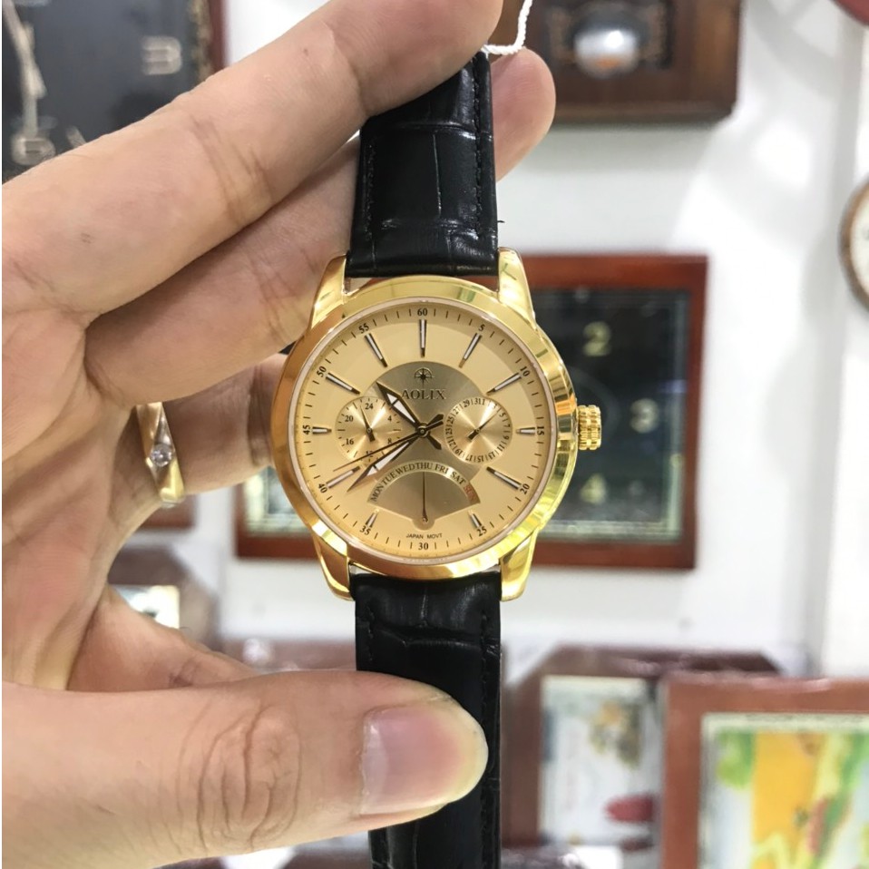 Đồng hồ nam AOLIX 7061 Dây da, mặt vàng, 6 kim, sang trọng, kính sapphire chống xước, chống nước tốt