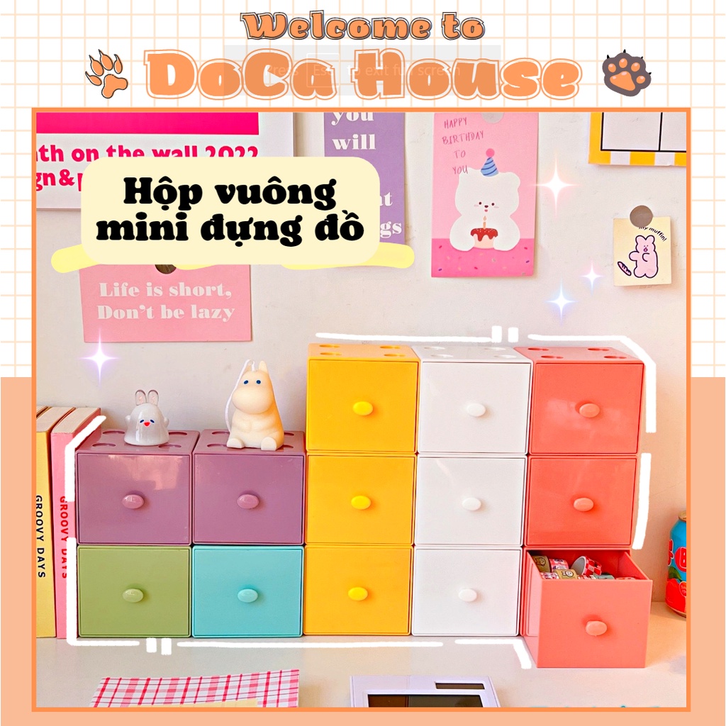 Hộp lưu trữ hình vuông màu kẹo macaron, hộp vuông để bàn đựng mỹ phẩm trang sức