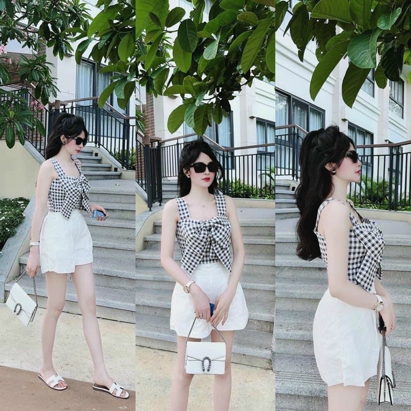 [HOT] ÁO KIỂU HAI DÂY BẢN NƠ TO CARO XANH,ĐEN CHẤT KATE SIÊU ĐẸP NỮ, chizishop