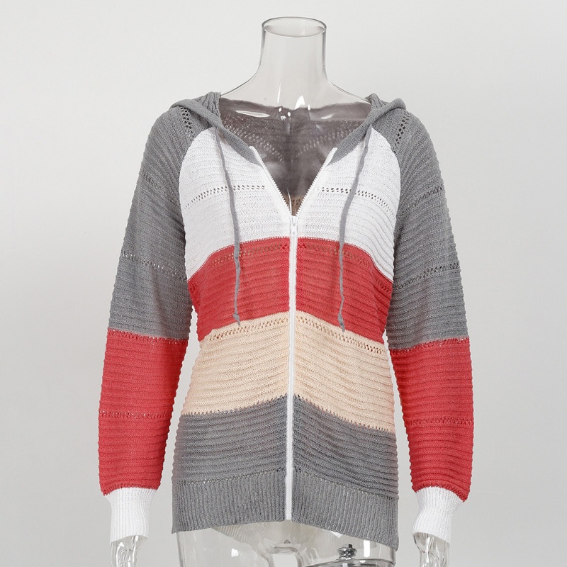 Xiangbao Áo Khoác Sweater Dệt Kim Tay Dài Có Mũ Trùm Đầu Dây Rút Kẻ Sọc Khối Rỗng Màu Mùa Thu Cho Nữ